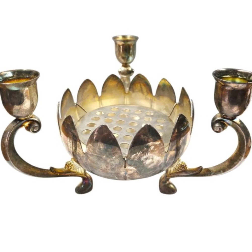 Vintage Leonard Silver Plated Lotus Candelabra with Flower Frog, EUC